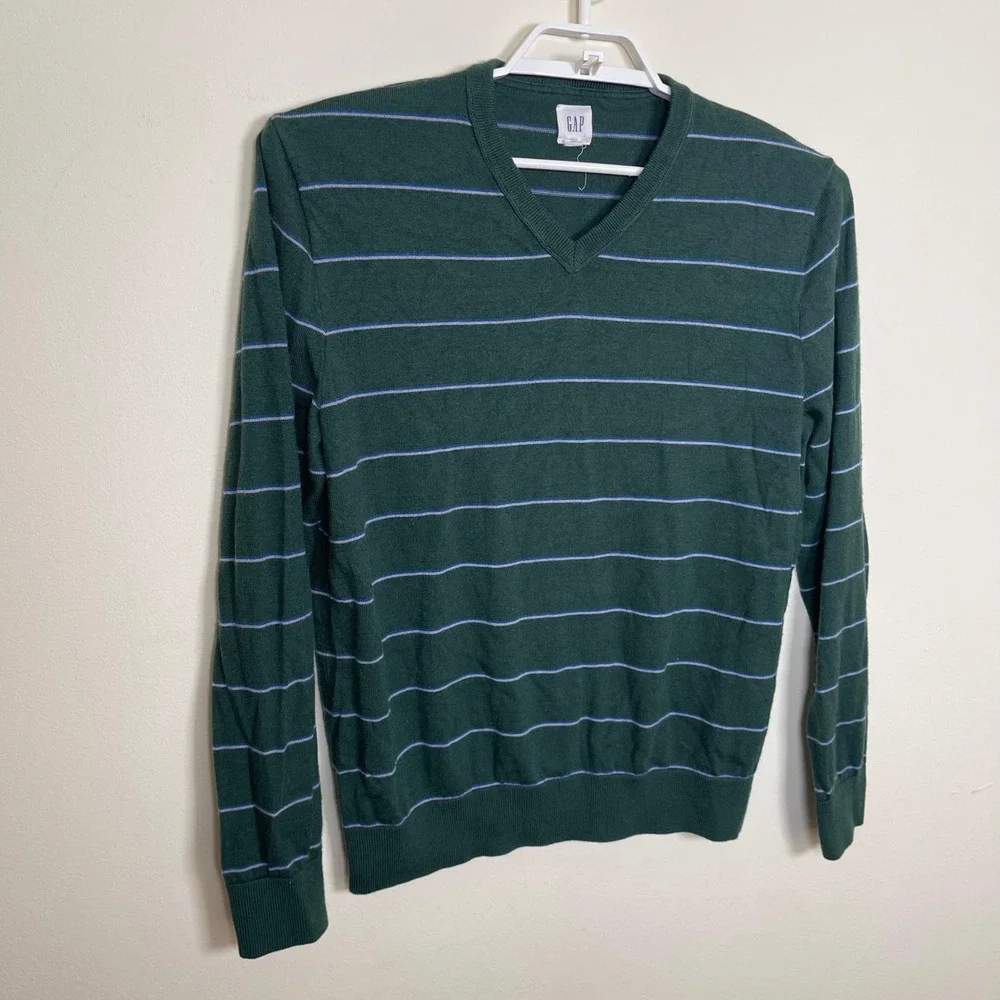 Vintage Gap V-Neck Sweater Men L Green Striped 100% Merino Extra Fine Wool Y2K
